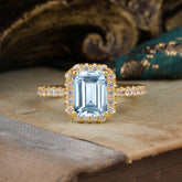 2 Carat Emerald Cut Aquamarine 4 Prong Engagement Ring Pave Halo Bridal Ring